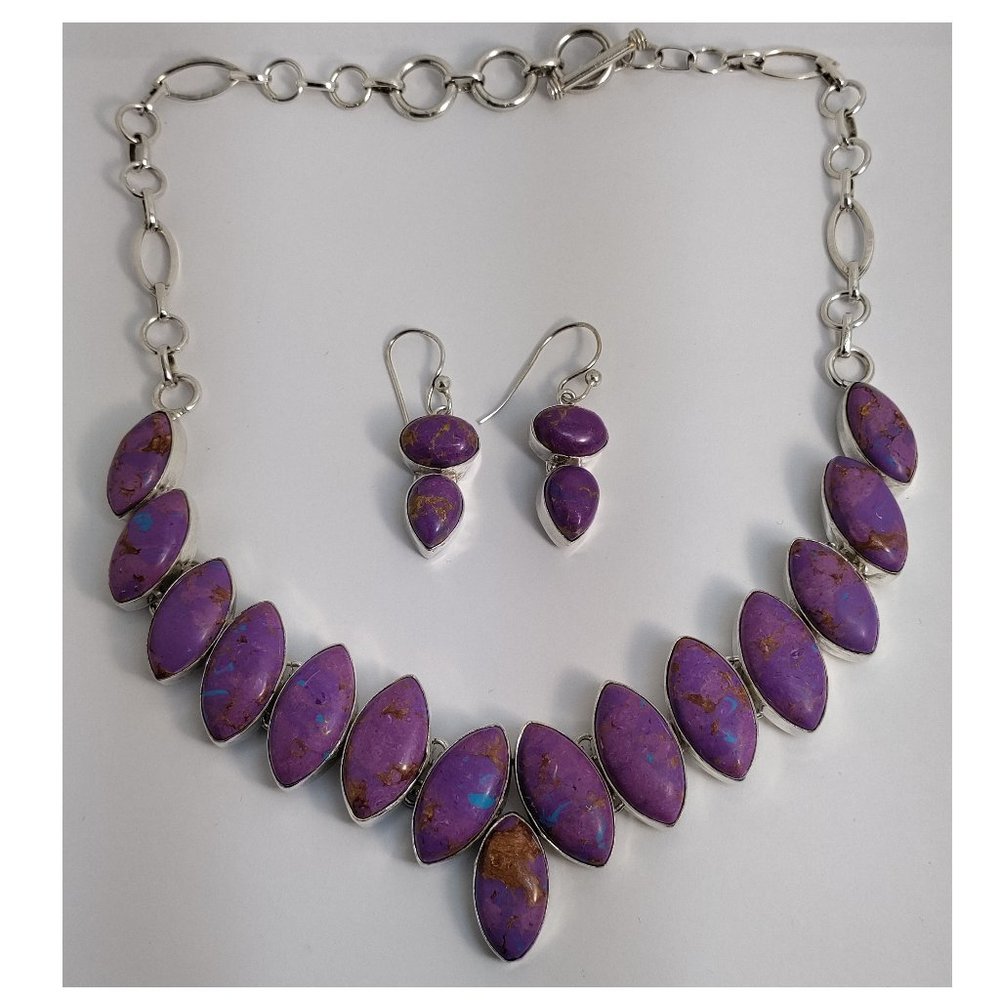 23" India Solid Sterling Silver Simulated Purple Block Turquoise Necklace Set